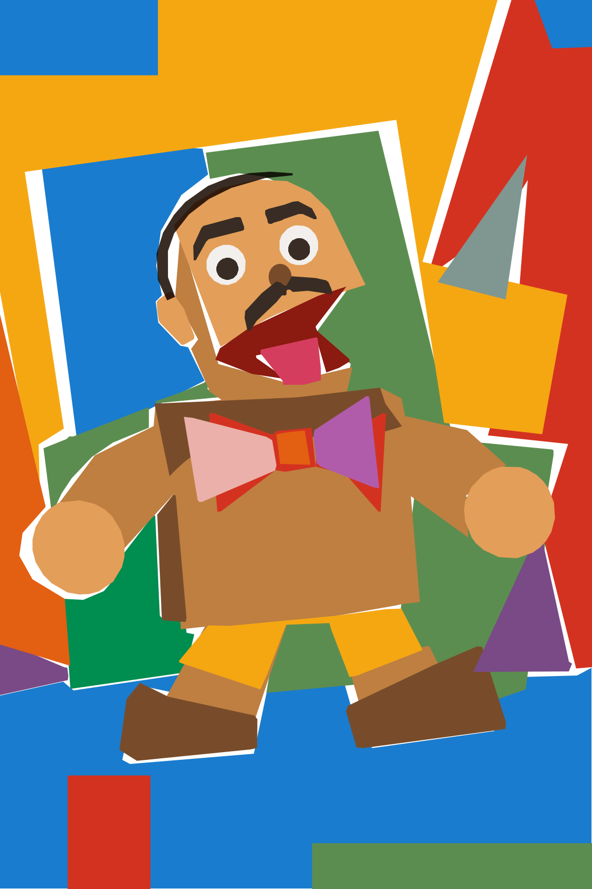 Stylized illustration of a wooden puppet with a mustache and bow tie against a colorful geometric background