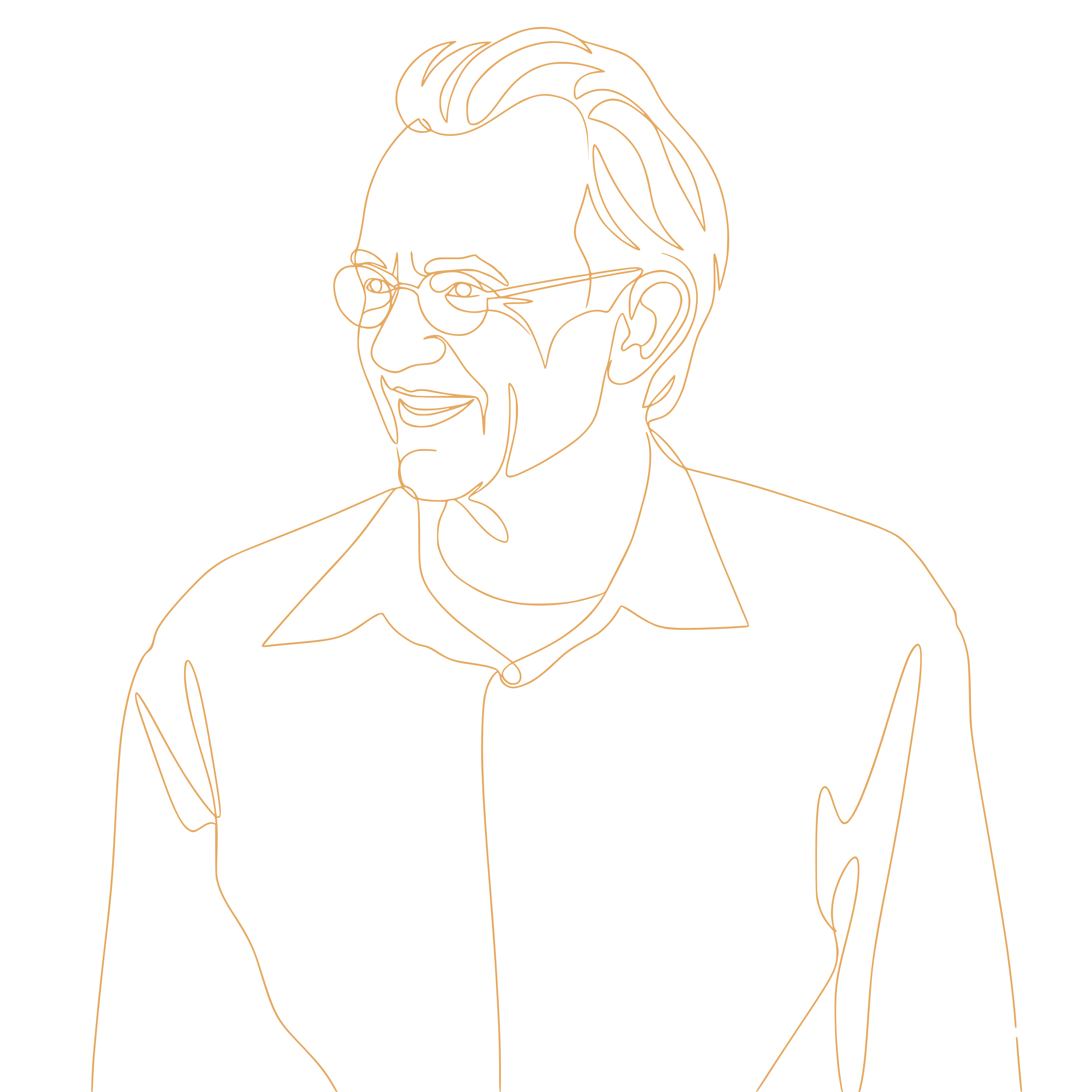 Line drawing of Edward Tufte in orange ink: smiling, wearing glasses and an open-collared shirt.